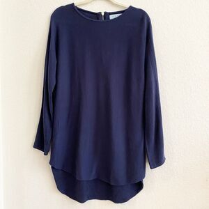 Joan Vass Cashmere Blend Pull Over Sweater Navy Size XL Back Zip Hi-lo